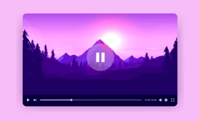 Fototapete Rund Online video player window frame - Watching tube channel multimedia window with nature landscape example scene in beautiful pink and purple colours. Flat design vector illustration © Knut