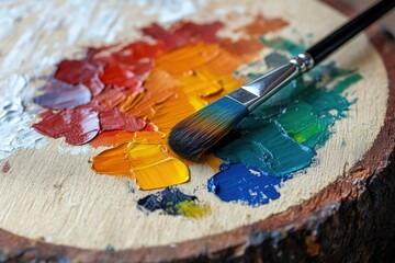 Fototapeta premium Artist paintbrush on a wooden palette with vibrant colors