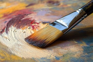 Fototapeta premium Paintbrush applying paint on a colorful palette