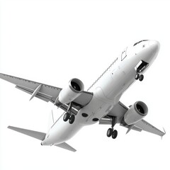 Obraz premium A sleek white passenger aircraft takes off against a clear sky, showcasing its powerful engines and aerodynamic design.