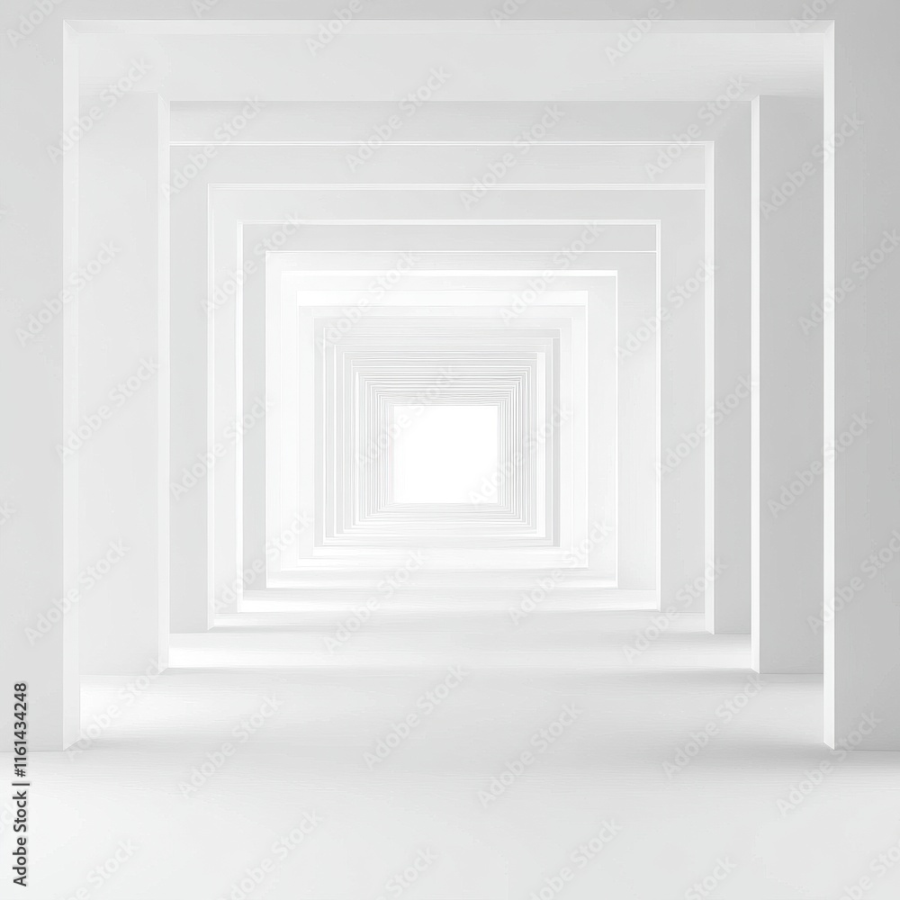 Aufkleber an abstract view of a white geometric corridor leading to a bright light, creating a sense of infini