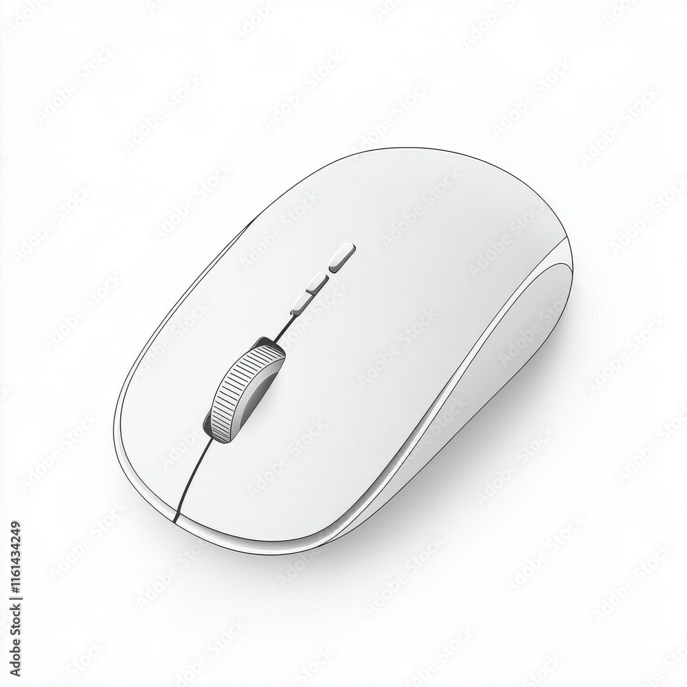 Poster a sleek, white computer mouse with a minimalist design, featuring a smooth surface and scroll wheel.