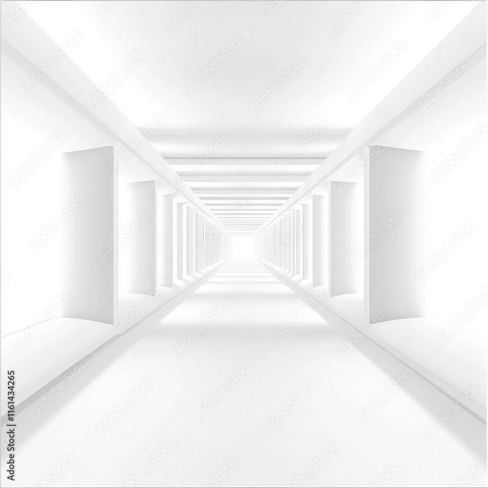 Poster a bright, minimalist hallway with a futuristic design, creating a sense of depth and openness.