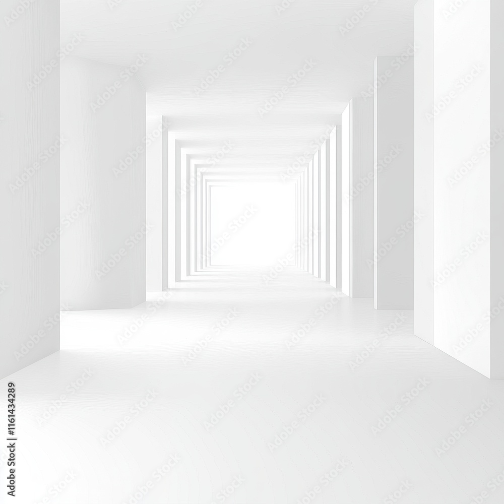 Poster a minimalistic and expansive white corridor with soft light at the end, creating a sense of tranquil