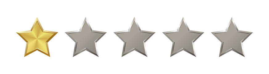 Low level 1 out of 5 shiny realistic gold, silver star with metallic effect. Five elements for medal, award, product rating, hotels status. Customer feedback, review. Isolated vector EPS10. Png	
