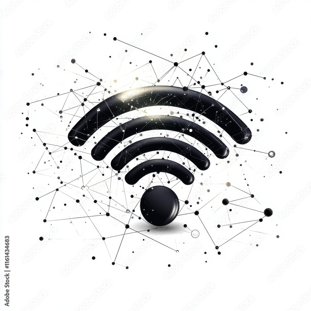 Poster stylized black wi-fi symbol with a network of interconnected dots, representing connectivity and tec