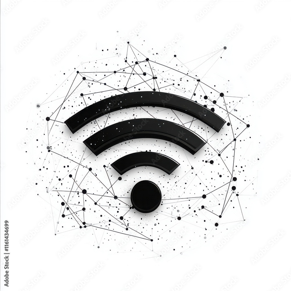 Poster stylized black wi-fi symbol against a dynamic network of lines and dots, representing digital connec