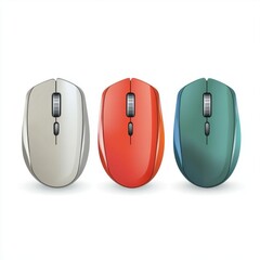 Three colorful computer mice in red, green, and gray, showcasing a modern and sleek design.