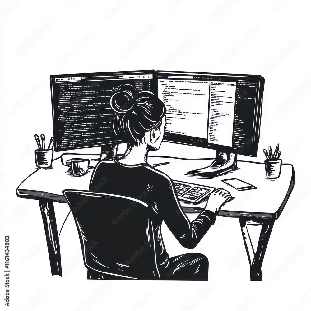 Aufkleber a focused woman working at a dual-monitor setup, programming with determination in a modern workspac