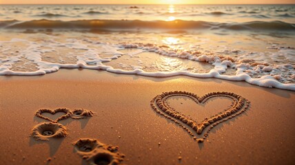 Hearts drawn in sand with footprints on beach at sunset for romantic love theme