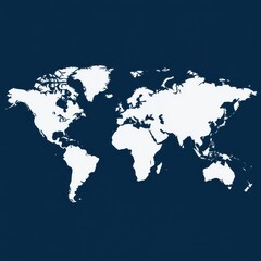 Naklejka premium Stylized world map in white silhouette against a deep blue background, emphasizing global geography.