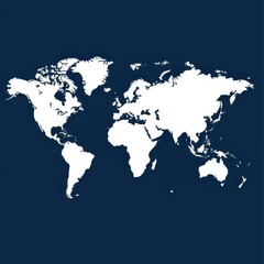 Naklejka premium A minimalist world map in white on a deep blue background, highlighting geographic outlines and boundaries.