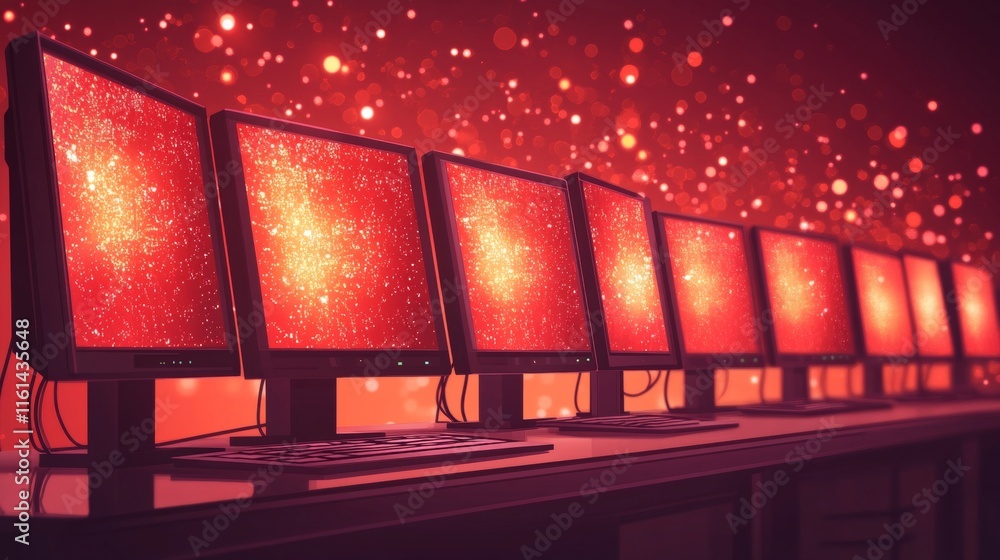 Aufkleber glowing network abstract technology background with computer monitors and red data streams