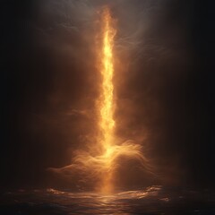 Obraz premium A single glowing spark, floating in darkness, soft yellow and orange glow, surrounded by faint smoky trails, minimalist and atmospheric design