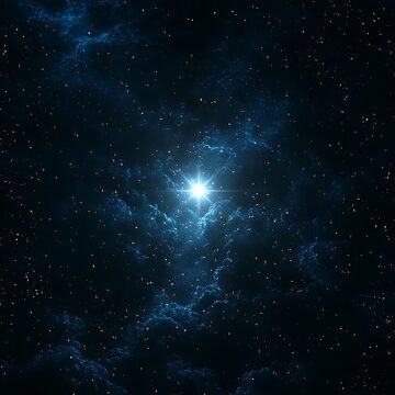 Fototapeta A single glowing star, shining bright white, with subtle lens flare effects, placed in the center of a dark and empty space