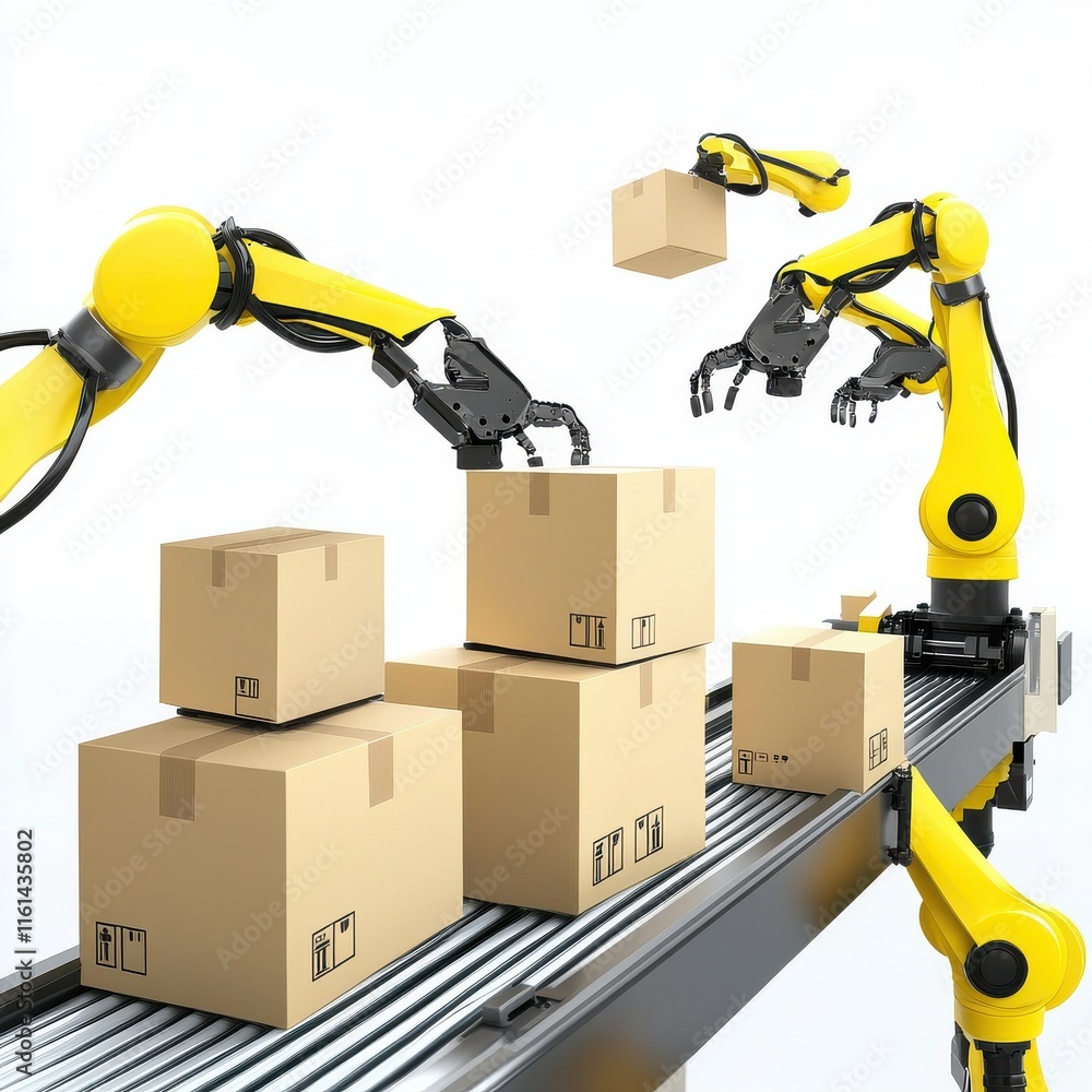 Poster industrial robotic arms sorting and stacking cardboard boxes in a modern warehouse setting.