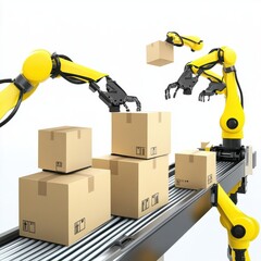 Industrial robotic arms sorting and stacking cardboard boxes in a modern warehouse setting.