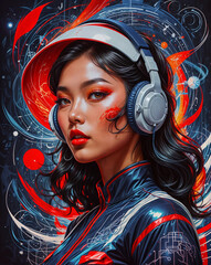 Girl listening to music with headphones. Techno poster for a concert or video game.