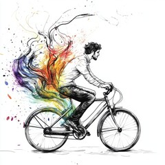 A young man with curly hair rides a bicycle, surrounded by vibrant swirls of color that suggest creativity and movement.