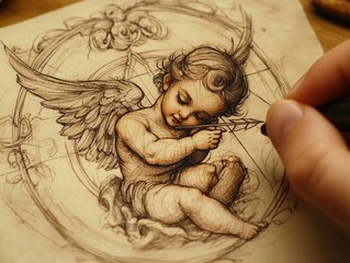 Intricate Pencil Sketch of Sleeping Cherub, Detailed Angel Illustration in Circular Frame, Vintage Art Concept