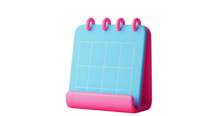 3D pink desk calendar icon with a blue page, ideal for digital planners, scheduling, and organizational graphics. 