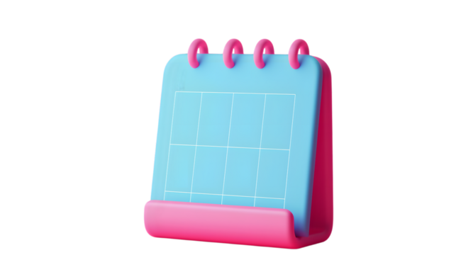 3D pink desk calendar icon with a blue page, ideal for digital planners, scheduling, and organizational graphics. 