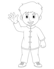 In Beijing, China, the child wears a traditional Chinese outfit, such as a qipao (for girls) or changshan (for boys). traditional Chinese outfit coloring page for kids . boy coloring page