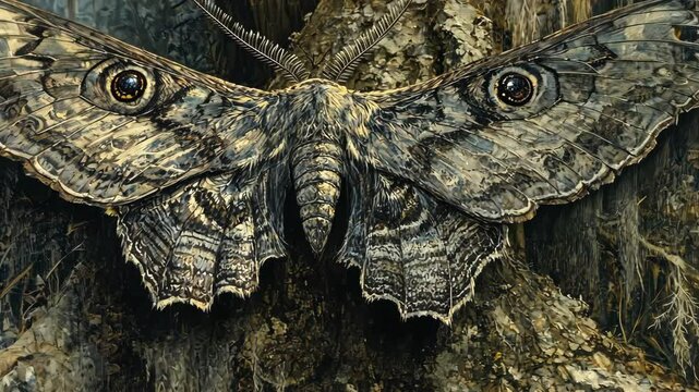 Large owl moth perched on a tree trunk in a dense forest environment during twilight hours