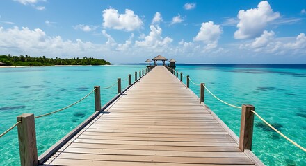Obraz premium Tropical island beach with a wooden pier over turquoise ocean water. Blue sky, fluffy clouds.