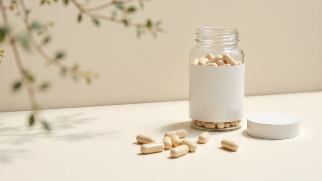 Magnesium Glycinate Supplement capsules with empty caplets and a glass bottle.