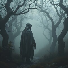 Enigmatic Hooded Figure in a Mysterious Foggy Forest, Dark Fantasy Artwork