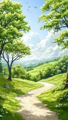 Obraz premium Winding Country Road through Lush Green Hills, a Fresh and Vibrant Agricultural Landscape