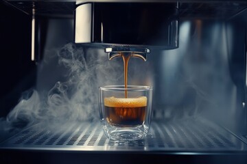 Steaming espresso being poured into a shot glass from a polished coffee machine, highlighting artisanal brewing techniques.