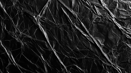 Obraz premium Wrinkled plastic wrap texture overlay with sharp and stretched patterns, shrink-sleeve packaging effect on black background, cinematic lighting