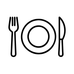Fork and knife next to a round plate on white background