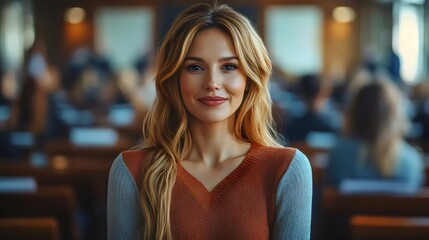 Fototapeta premium A woman with long blonde hair is smiling at the camera