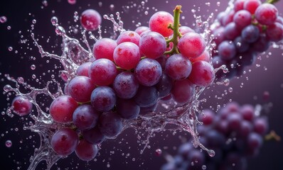 Juicy red grapes splashing in water