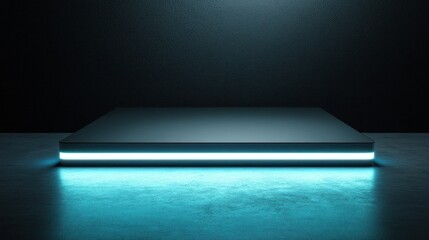Dark room, square platform with neon blue light.