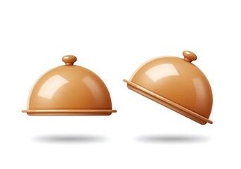 Fototapeta premium 3d realistic vector icon illustration. Food cloche with cover and tray closed and open