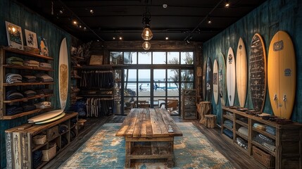 Coastal surf shop interior with ocean view, wooden furniture, surfboards, and apparel.