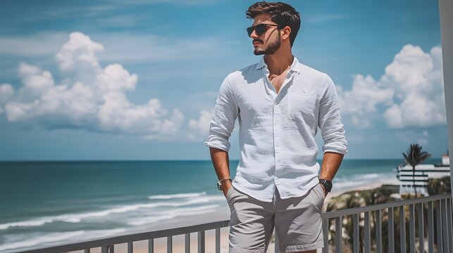 A handsome man in a white linen shirt and light gray shorts stands on a balcony overlooking a beautiful ocean view.  He wears sunglasses and looks out at the sea.