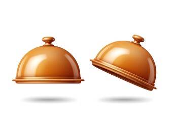 Fototapeta premium 3d realistic vector icon illustration. Food cloche with cover and tray closed and open