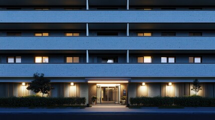 Modern apartment building exterior at night.