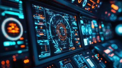 Fototapeta premium Futuristic spaceship control panel with glowing blue and orange digital displays and interfaces.