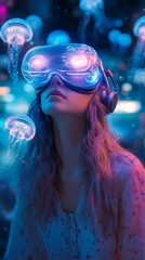 Young woman wearing a VR headset explores a glowing jellyfish-filled digital ocean amidst a surreal underwater cityscape, evoking wonder and innovation—ideal for VR tech or virtual reality campaigns.