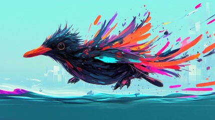 Obraz premium Abstract colorful bird flying over water, city skyline in background.