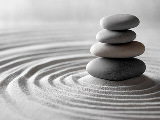 Balancing stones on a calm Zen garden sand surface during a tranquil afternoon