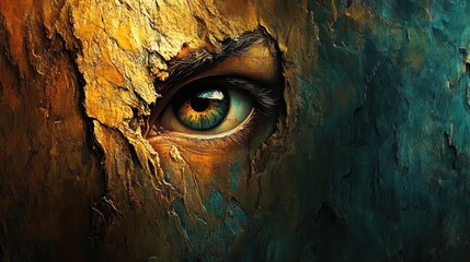A close-up of a piercing green eye peering through textured, earthy tones.