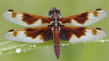 Close-up of a dragonfly with brown and white patterned wings perched on a dewy green leaf.