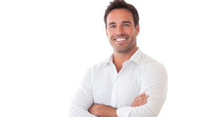 Professional businessman standing confidently, arms crossed, smiling against transparent background, embodying corporate success